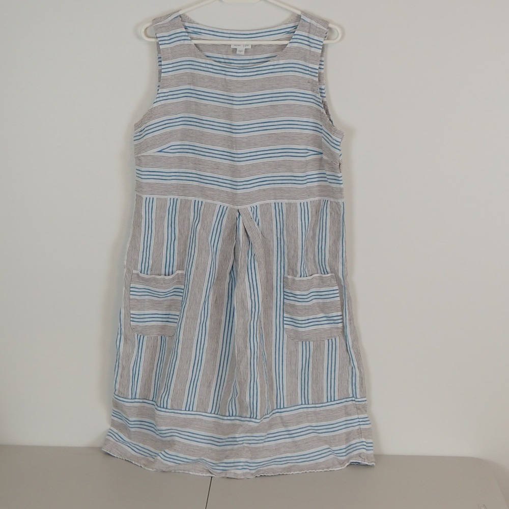 J. Jill Love Linen Sleeveless Striped Shift‎ Dress Women's Large Pockets Coastal - Picture 2 of 9